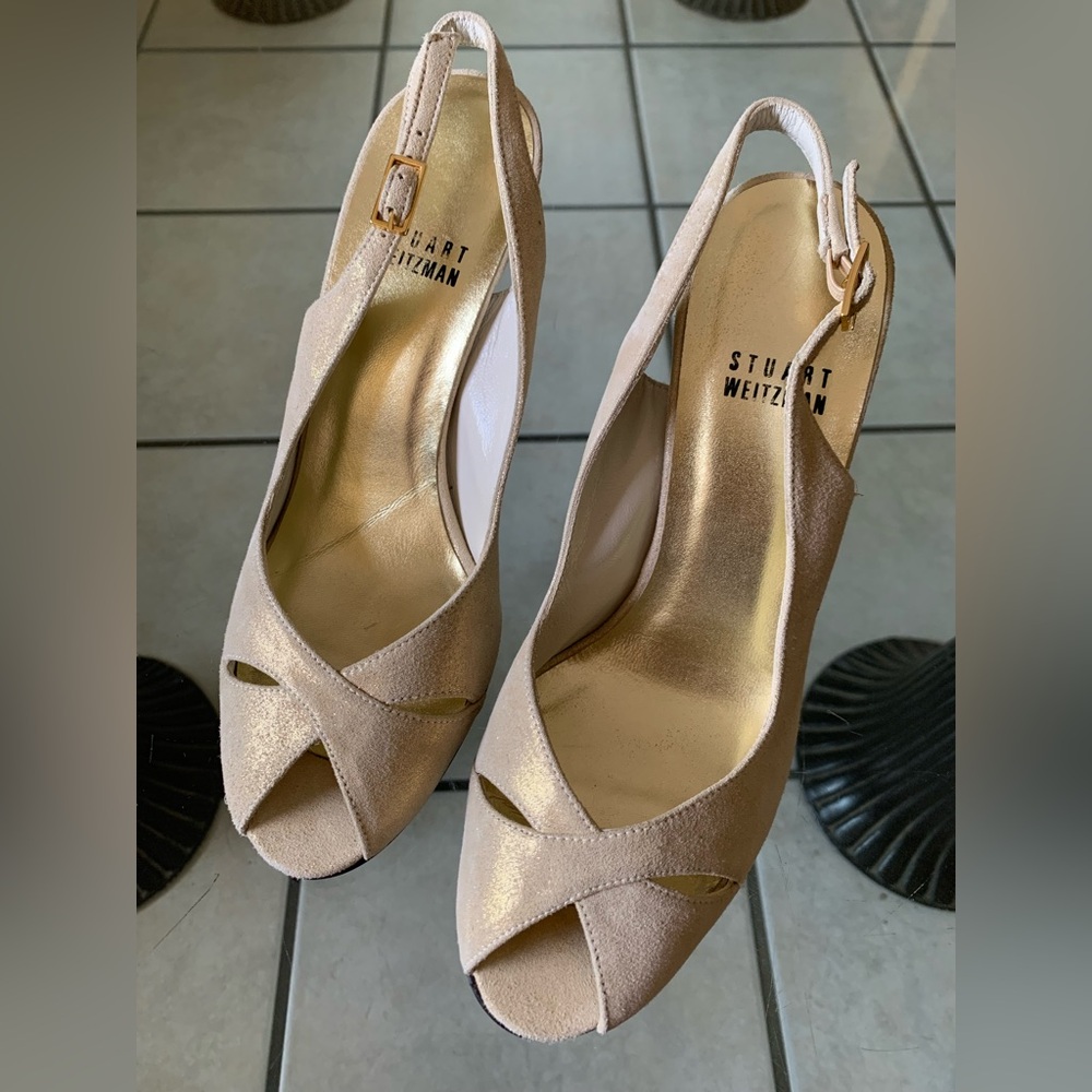 Stuart Weitzman Gold Peep-Toe Heels